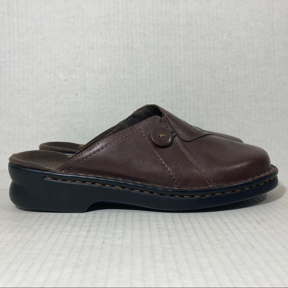 Clarks Brown Black Comfort Casual Classic Chic Leather Slip-On Mules Clogs Sz 8